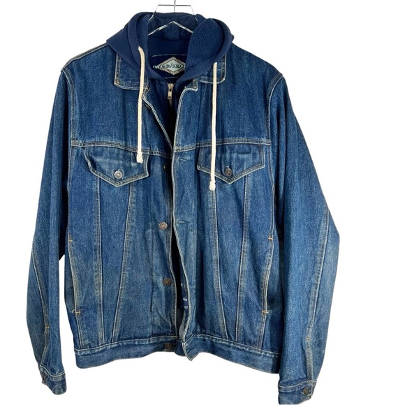 VINTAGE WEEKENDS Blue Denim Jean Jacket with Navy Blue Fleece Hood Medium - Picture 1 of 10